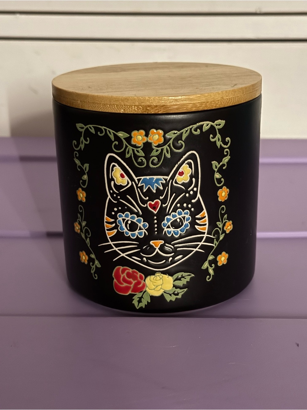 T.J.Maxx Black Ceramic Canister with Colorful Floral Cat Design and Wood Lid